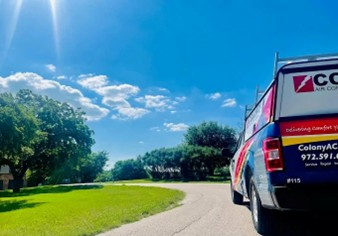 A Colony Air Conditioning & Heating truck headed to an AC repair in Plano, TX.