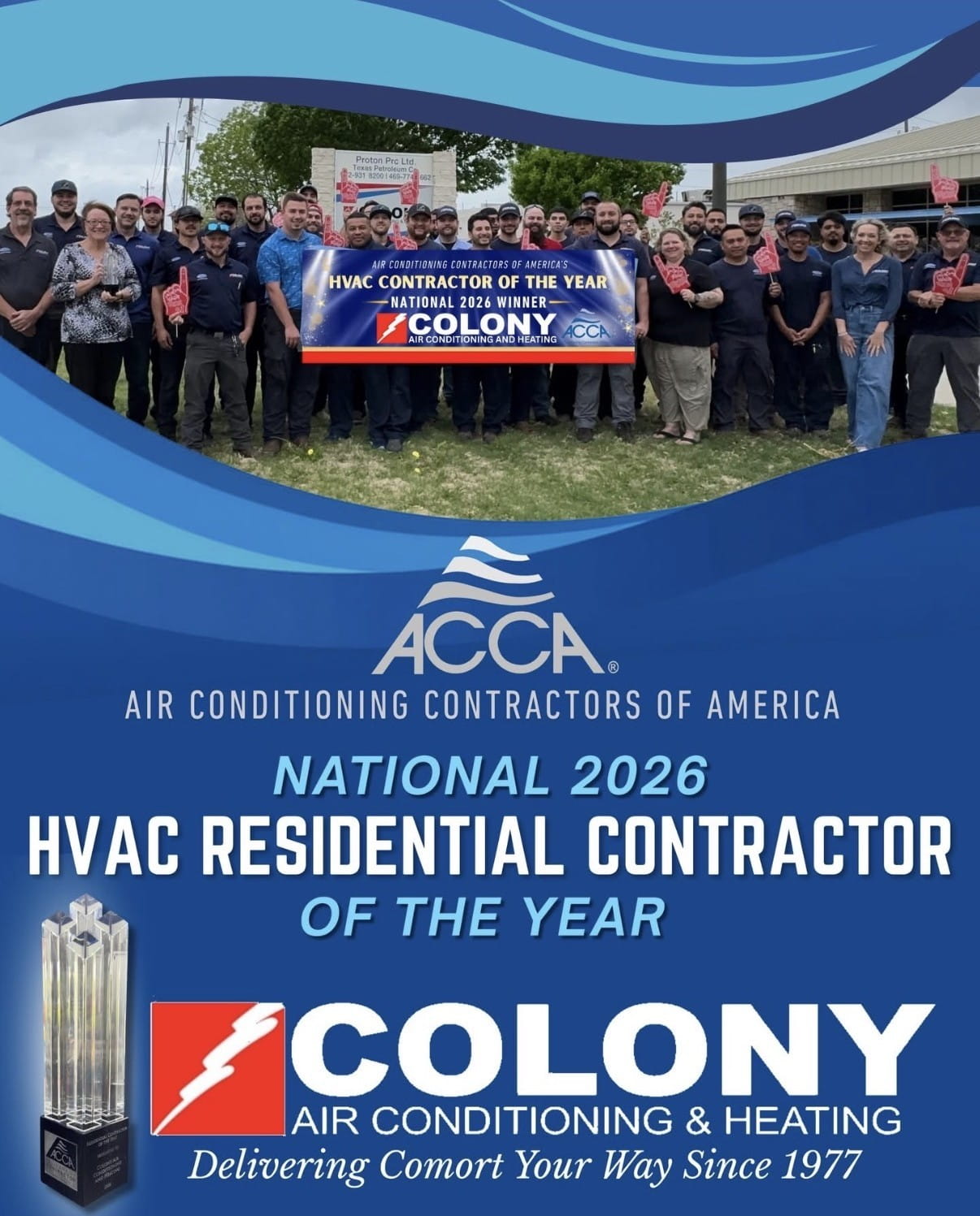 Colony Air Conditioning and Heating receives the ACCA 2026 Residential Contractor of the Year award on stage